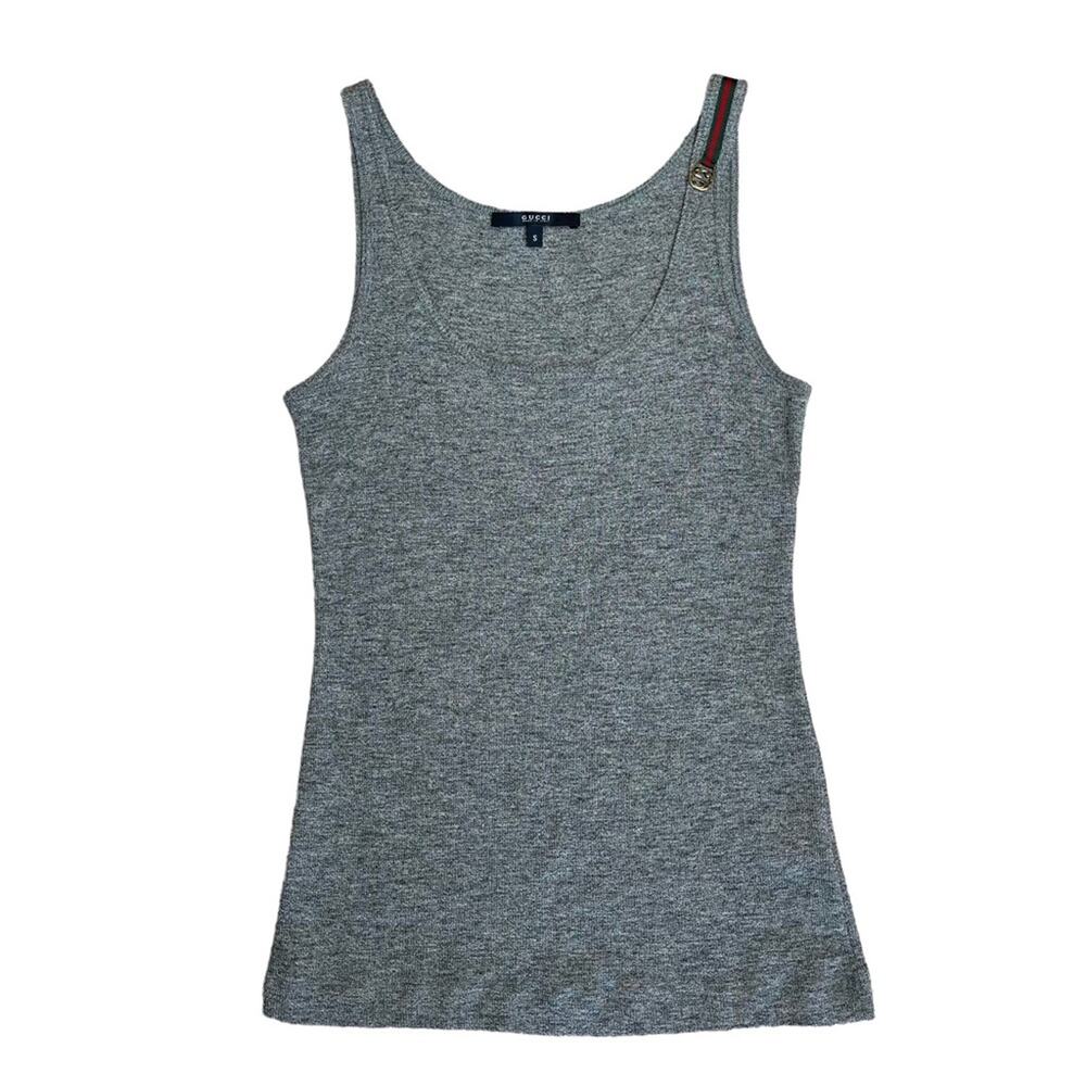 Gucci Gray Ribbed Tank Top with Signature Stripe Detail